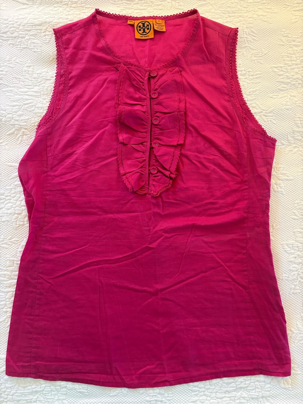 Tory Burch Sleeveless Pink Ruffle Front Tank (size L)